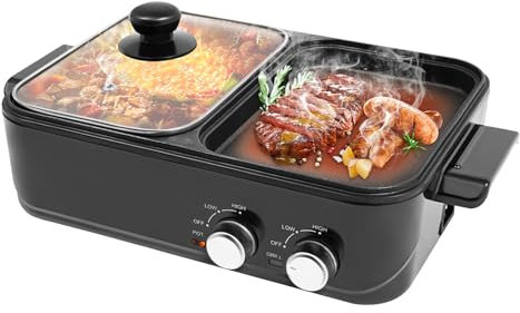GCIUEMMH Hot Pot 2-IN-1 Electric Grill 1500W Multifunctional Smokeless BBQ Hot Pot Double Pot - Dual Temperature Control Nonstick Indoor BBQ Grill with 1L Hotpot with Glass Lid