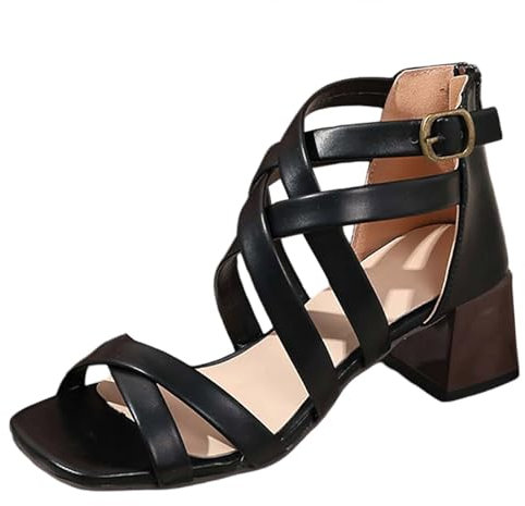 Stivali corti rossi da donna tacchi sandali estivi casual da donna scarpe da spiaggia quadrate con tacchi alti e punta aperta con lacci, comodi e tacco alto da bambina, Le Noir, 38 EU