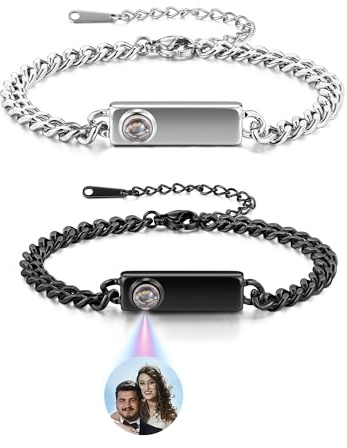 Jovivi Personalisiertes Armband mit Foto im Stein Bild Projektion Armband Edelstahl Partnerarmbänder Fotoarmband für Herren Damen Freundschaftsarmbänder Personalisierte Geschenke (Silber+Schwarz)
