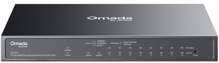 TP-Link Omada ES210GP, 10-Port Gigabit Easy Smart Switch, 63W Budget, 8 × PoE+ Ports, 1 × RJ45 + 1 × SFP Combo, Plug & Play, VLAN, QoS, PoE Auto-Wiederherstellung, Lüfterlos, Cloud-Verwaltung