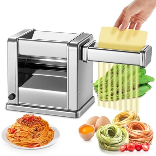 FOHERE Máquina de Pasta Fresca Eléctrica con 2 Cuchillas (1.5 mm/6.6 mm) y 7 Grosores Ajustables de 0.5-3 mm, Acero Inoxidable para Hacer Fideos Espaguetis Raviolis, Plata