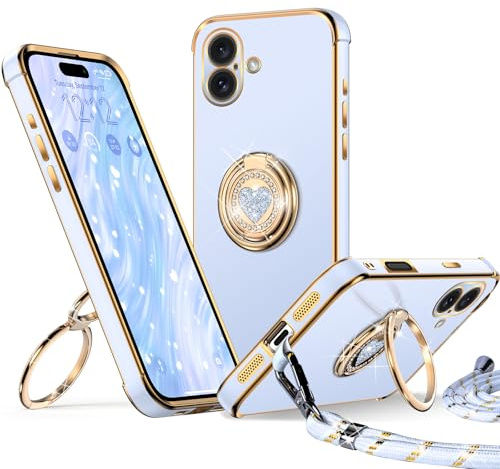 XYZ für iPhone 17 Hülle mit Band, Blau | Herzen Doppelring Ständer HandyHülle, Frauen Mädchen Dünn Stoßfeste Case mit Handykette, Anti Kratzt SchutzHülle