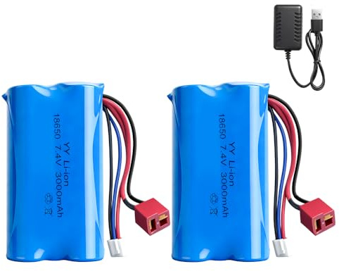 Wxeadu 2 Pièces 7.4V 3000mah Batterie au Lithium, Batterie Voiture Telecommande, Batteries Rechargeables Li-ION avec Prise Deans T, Chargeur pour Voiture RC, Hors, Route, Camion Cavalier