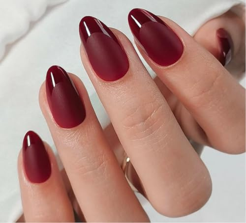 LAMIMOSA 32Pcs Burgundy Press on Nails - Dark Red Short Almond False Nails with Glossy French Tip, Soft Gel Fake Nails in 16 Sizes, Stick on Nails kit, RED HEELS