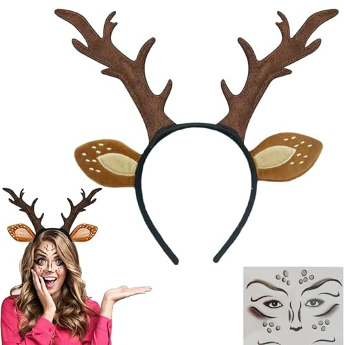 HONHHUO Reh Haarreif Damen & Kinder – Rentier Geweih mit Ohren, inkl. Gesichtstattoo, weich & leicht, Einheitsgröße, für Karneval, Fasching, Halloween & Weihnachten, Kostümzubehör für Familie