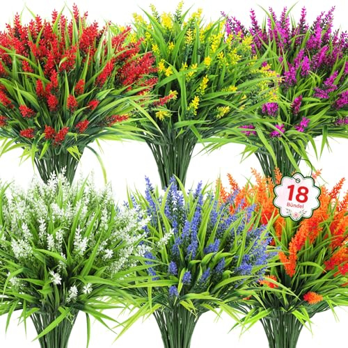BlueCloudy 18 Bundles Artificial Lavender Plants Outdoor | UV Resistant Plastic Fake Flowers for Hanging Baskets Planters Garden Home Office Grass Table Decoration