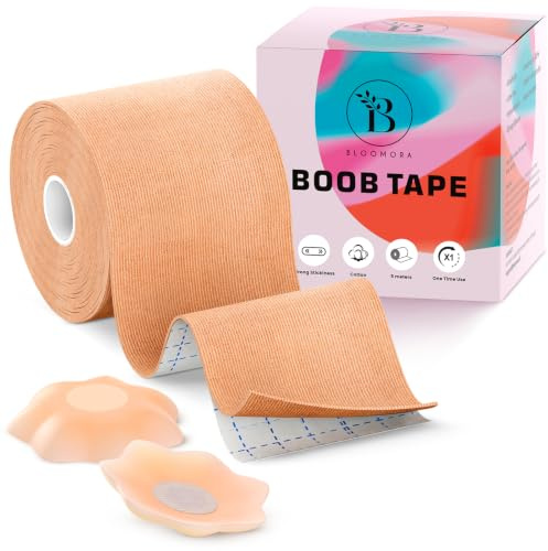 BLOOMORA Essential Boob Tape - Extra Breites Brust Lift für Große Brüste | Aus Baumwolle und Spandex wasserfest schweißfest bis Körbchen G zuschneidbar, Beige