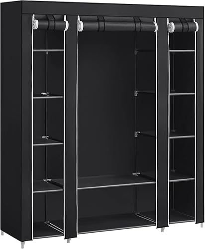 52 inches Wide Large Canvas Wardrobe, Foldable Closet Organizer with 12 Shelves and Hanging Rod, Fabric Clothing Storage for Bedroom, Clothes Organizer with Water Resistant Cover- Black