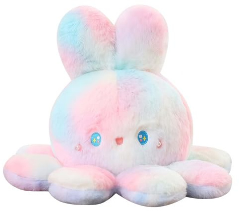 SKIPTHYBER Octopus Kuscheltier, Oktopus Plüsch Wenden Mood Octopus Plüschtier, Regenbogen Kaninchen-Oktopus Plüschtier, Rosa Teddyhase, Stofftier für Kinder Geburtstag Geschenk