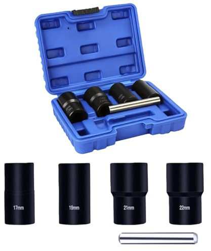 Crozgan 5Pcs Locking Wheel Nut Removal Tool Kit,4Pcs 1/2” Drive Twist Socket Set (17mm 19mm 21mm 22mm) with 1Pcs Drift Punch Bar for Wheel Nut,Bolts Removal