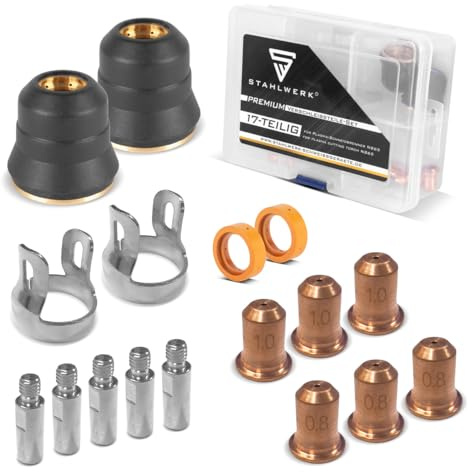 STAHLWERK Plasmazubehör Verschleißteile-Set für NS/S65-Plasmaschneidbrenner – 17 teiliges Zubehör-Set mit Elektroden, Schneiddüsen 0,8/1,0mm, Schutzkappen, Stromverteiler, Abstandhalter, Transport-Box