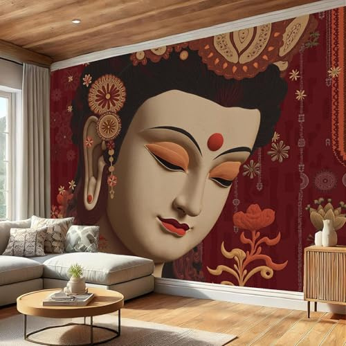 Images Fleurs Bouddhistes Traditionnelles Papier Peint Panoramique, Zen Oriental Poster Géant Mural 3D Décoration Murale Premium - Rouge Foncé Pour Salon Chambre Adulte D'Enfants, 200 x 140 cm