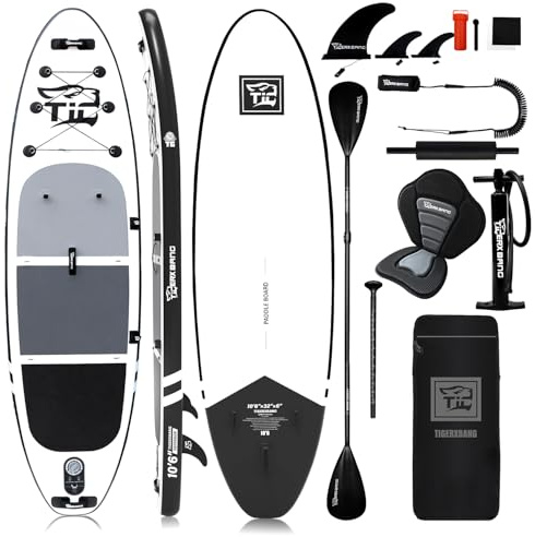 TIGERXBANG Aufblasbares Paddelboard 320 x 82 x 15 cm, SUP & Kajak Board mit Kajaksitz und Doppelklingenpaddel für Erwachsene & Jugendliche, Defender-Pro Schwarz