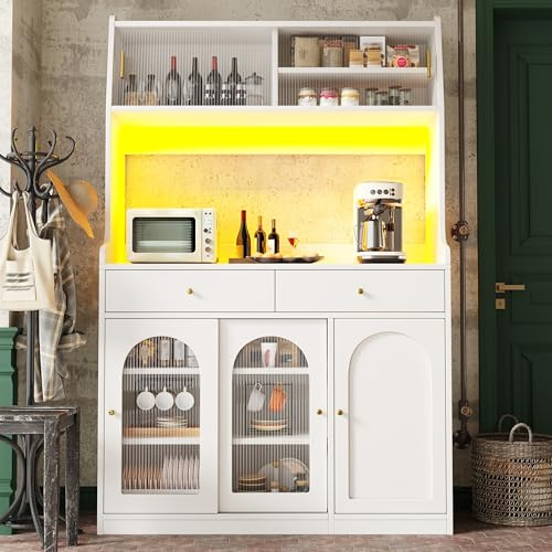 Armoires Cuisine, Buffet, Haut Vaisselier avec Électriques LED, avec Plans de Travail et Tiroirs, 5 Portes (4 Portes en Verrn Coulissantes)Étagères Réglables, Cuisine, 120 x 40 x 180 cm (Blanc-9W)