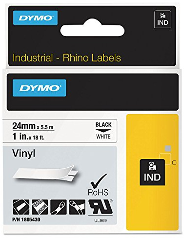 Rhino Permanent Vinyl Industrial Label Tape, 1 x 18 ft, White/Black Print