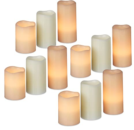 Relaxdays 12er Set LED Kerzen, Echtwachs, elektrische Kerzen, flammenlos, flackernd, Batteriebetrieben, 7 cm Durchmesser, Creme