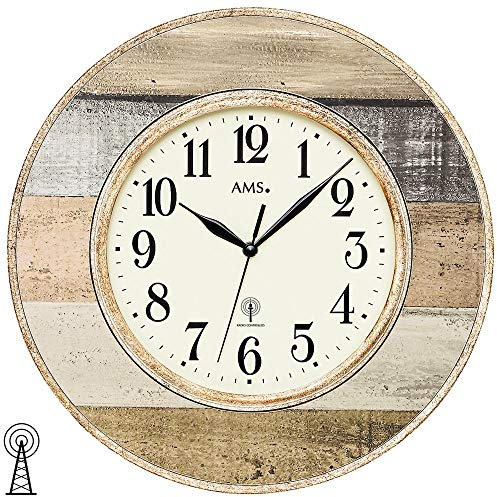 AMS 5975 Wanduhr Funk Funkwanduhr Rund Antik Vintage Retro Shabby Holz-Optik