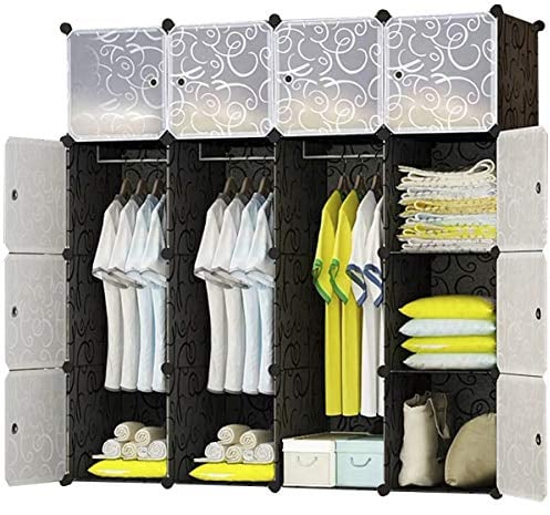 BRIAN & DANY Kleiderschrank aus 16 Würfeln, Garderobenschrank Steckregalsystem Kunststoffschrank mit Türen & 3 Aufhängern, Tiefere Fächer als Normal (45 cm vs. 35 cm) für mehr Platz
