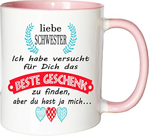 Mister Merchandise Becher Tasse Schwester Kaffee Kaffeetasse liebevoll Bedruckt Geschenkidee Familie Weiß-Rosa