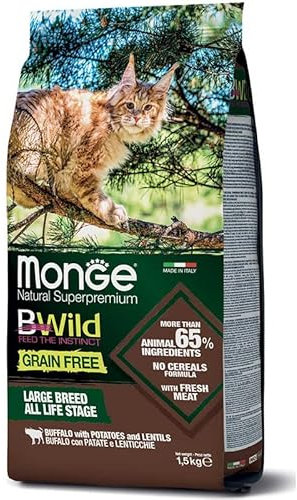 Monge BWild cibo secco per gatti senza cereali, con Buffallo, molto ricco di fibre e vitamine, alta qualità, 1,5 kg