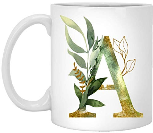 Alpha/A Graphic Letter A Coffee Mug - Alphabet Letter Monogram A - Gold Shimmer Any Letter Floral Alphabet Tea Coffee Hot Chocolate Cup For Her Birthday Christmas Mothers Day Coffee Mug 11oz