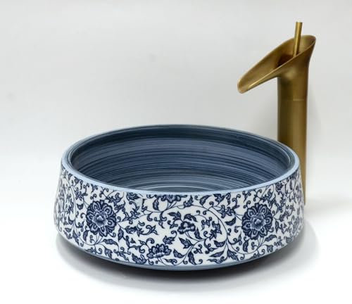 Vintage Kasbah Floral Patterned Vintage Bathroom Cloakroom Round Ceramic Counter Top Under Counter Basin Sink Washing Bowl Craft Handmade Large Small 400 mm, 350 mm, 300 mm (Small)