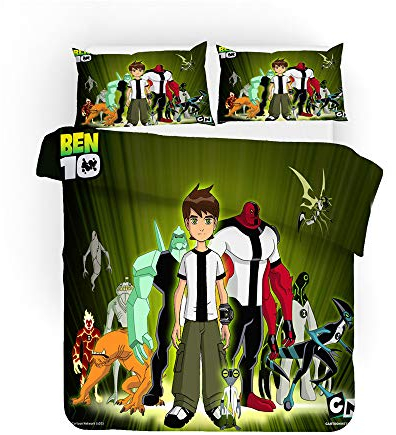 NICHIYO Ben 10 Bettwäsche Set - Bettbezug und Kissenbezug,Mikrofaser,3D Digital Print dreiteiliger Bettwäsche(Bettbezug + Kissenbezüge) (1,Single 135 * 200cm)