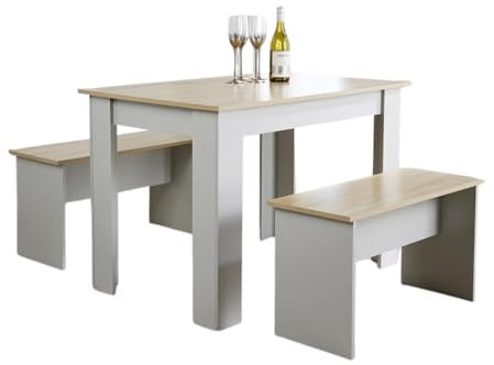 Home Source Kitchen Dining Table, 2 Benches to Seat 4, Oak Effect Top, Grey