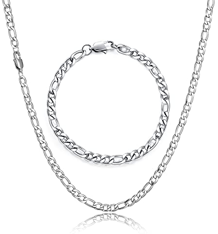 HSWYFCJY Figaro Kette Halskette Armband für Damen Herren Silber Edelstahl Kette 18/20/22/24 Zoll Kette Halskette Armband Set für Männer (20 Zoll+Armband)…