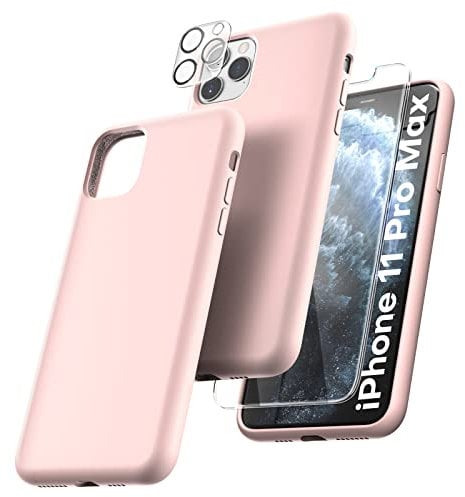 TOCOL 5 in 1 for iPhone 11 Pro Max Case 6.5, with 2 Pack Screen Protector + 2 Pack Camera Lens Protector, Liquid Silicone Slim Shockproof Full-Body Cover [Anti-Scratch] [Drop Protection], Pink