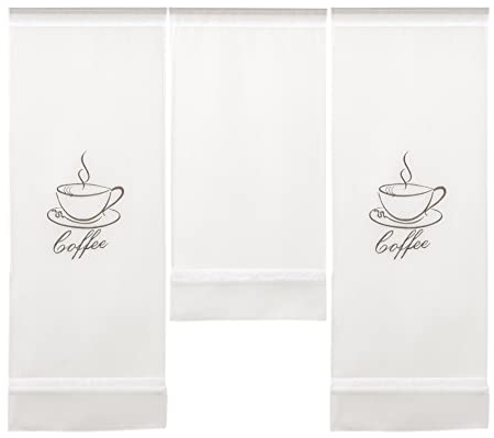 Design Mini Flächenvorhang Set Bestickt Kaffee Coffee | 4057-01 | 3 Teile | Scheibengardine Gesamtbreite 90cm (3x30cm) Höhe 80/60/80cm |