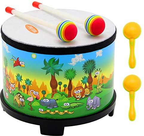 Crafteem Floor Tom Drum for Kids 8-inch Percussion Instrument Music Drum with 2 Mallets and Color Maracas for Baby Children Special Christmas Birthday Toy Gift