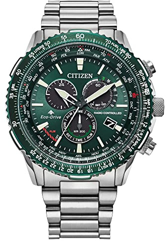 Citizen Eco-Drive Pilot Chronograph Watch with Atomic Timekeeping, 12/24HR, Power Reserve, Luminous Hands/Markers, Sapphire Crystal - Green Dial