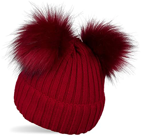styleBREAKER Kinder Strick Bommelmütze mit 2 Kunstfellbommel und Fleece Futter, Winter Mütze, Strickmütze, 2-5 Jahre 04024203, Farbe:Bordeaux-Rot