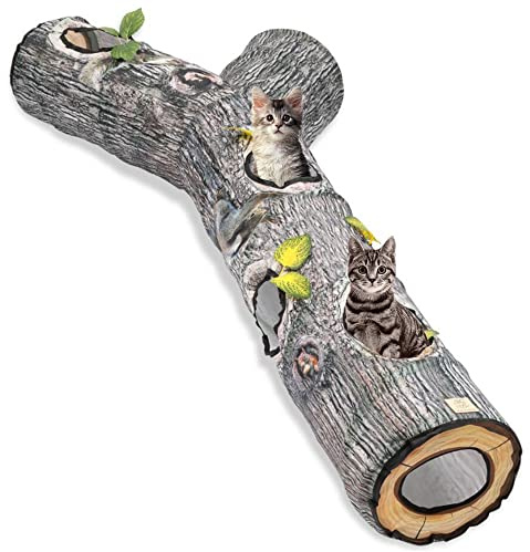 FelRelWel Katzentunnel für Indoor-Katzen, Katzenbett, Baumloch, Spielzeug mit drei Kanälen und Blättern, geeignet für Katzen und andere Kleintiere zum Jagen und Spielen, L 150 cm Baumfarbe