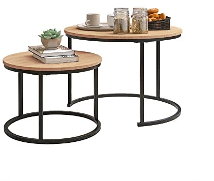 Round Nesting Coffee Table Set of 2 for Living Room, End Side Table with Metal Frame, Sofa Tea Table for Small Space, Black and OAKDK, 69.5 x 49 cm and 49.5 x 35.5 cm (Dia. X H)