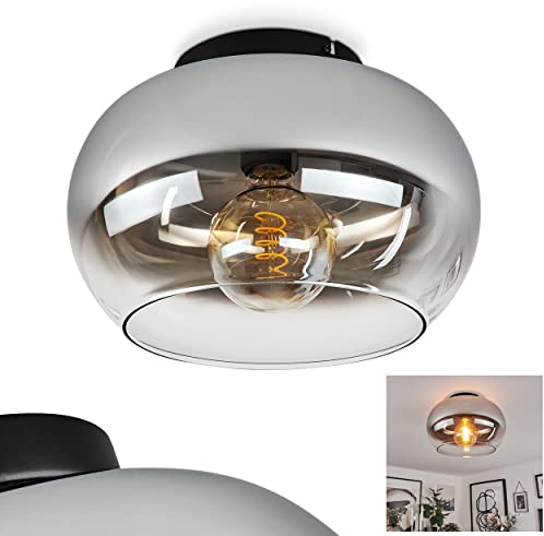 Deckenleuchte Molloy, moderne Deckenlampe aus Metall/Glas in Schwarz/Chromfarben/Klar, 1-flammige Leuchte im Retro/Vintage-Design mit Schirm aus Glas (Ø 30 cm), 1 x E27, ohne Leuchtmittel