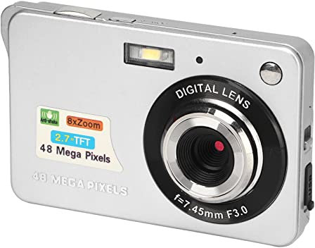 Cámara Digital 4K con Pantalla LCD de 2,7 Pulgadas, Cámara Compacta con Zoom 8X de 48 MP con Luz de Relleno, Cámaras Digitales Recargables para Principiantes, Soporte de Disparo (Plata)