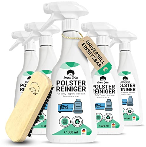 Emma Grün® Polsterreiniger für Sofa, Couch & Autositze 5x500ml [inkl. Polsterbürste] - Nachhaltig & Anti Geruch - Couch & Sofa Reiniger - Auto Innenraum Reiniger - Polsterreinigung Autositze, Sofa
