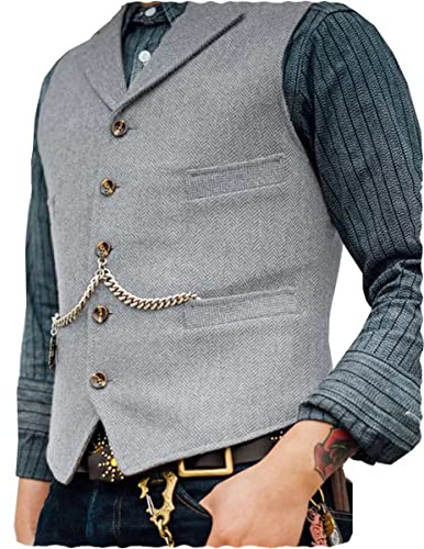 AeoTeokey Classic Mens Wool Tweed Suit Vest Casual Sleeveless Jacket Herringbone Waistcoat for Tuxedos(XL,Silver)