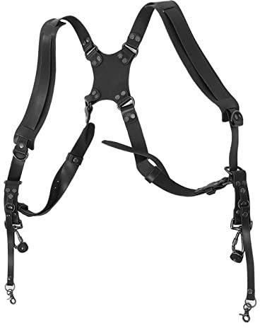 Cyrank Camera Strap Accessories for Two Cameras, Dual Harness Two Cameras Shoulder Leather Strap Adjustable Camera Harness Straps for DSLR SLR(Black)