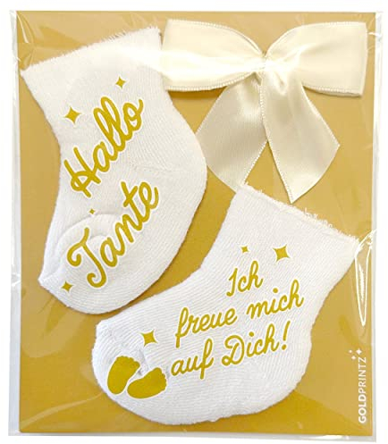 goldprintz Schwangerschaft verkünden Tante - bedruckte Babysocken mit Postkarte zum Verschenken und Verschicken - du wirst Tante Überraschung - Handarbeit aus Deutschland