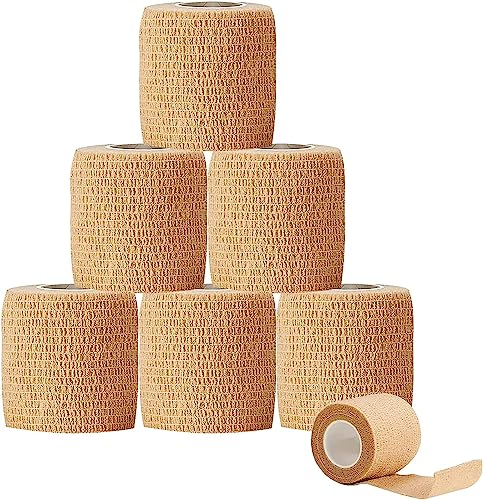 6 Rollen Verband Selbsthaftend, Elastischer Fixierbinde Selbsthaftend 5cm x 4,5m, Selbsthaftende Bandage für Erste Hilfe, Sportverletzungen, Wundverband, Knöchelverstauchungen am Handgelenk (Beige)