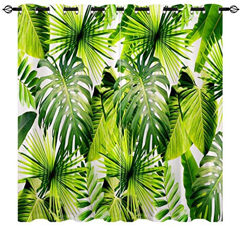 YUANZU Tropische Blätter Vorhänge Grüne Palmblatt Ösen Gardinen mit Blickdichte Thermo Vorhang Kälteschutz Blackout Curtain Wohnzimmer Schlafzimmer Verdunkelung Fenster, 2 Stück, H 160 x B 132 cm
