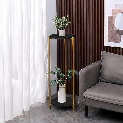 Menaka 2 Tier Tall Plant Stand Square Indoor Corner Decorative, Flower Display Wood Stand with Gold Metal Frame Plant Pot Rack Holder Floor Standing Living Room Balcony Office (2 tiers round black)