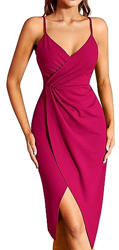 Missufe Robe de cocktail pour femme - Robe d'été - Robe midi festive élégante - Moulante - Sans manches - Bretelles spaghetti - Robe de soirée, Rose chaud, XS
