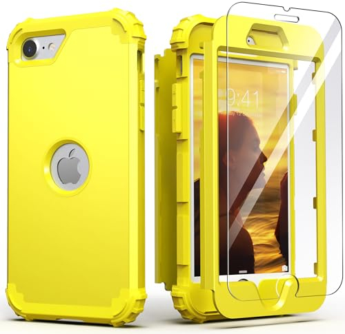 IDweel Schutzhülle für iPhone SE 2020, mit Displayschutzfolie, für iPhone SE 2022, 3-in-1 Stoßdämpfung, schmale Passform, strapazierfähig, harte Polycarbonat-Hülle, weiches Silikon, robust, Gelb
