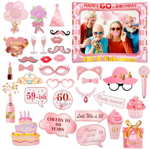 60th Birthday Photo Booth Props, Rose Gold Birthday Decorations for Women, Giant Inflatable Selfie Frame, 33PCS Birthday Party Photo Props for 60th Birthday Party Decorations and Gifts