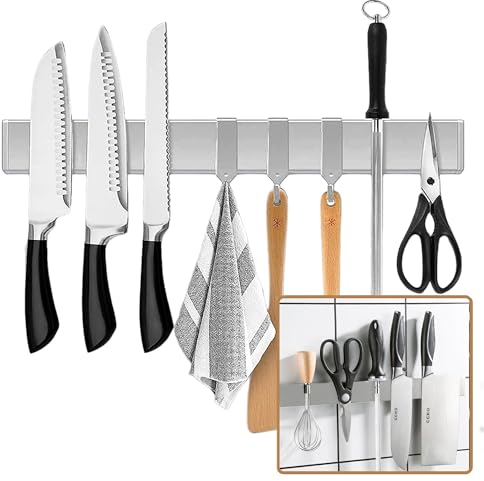 Trhillsbrad - Coltello magnetico da 50 cm, con 3 ganci, in acciaio inox, autoadesivo, montaggio a parete, senza fori, TRHILLSBRAD SLIVER 50CM