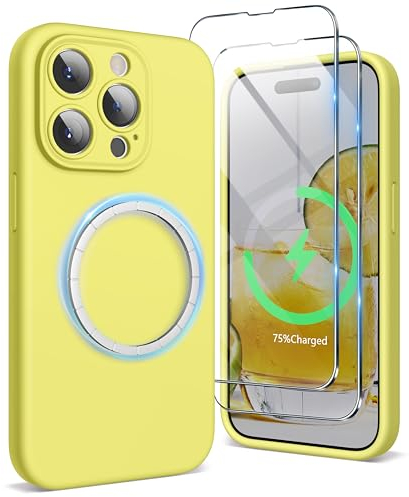 SURPHY Magnetic Case for iPhone 15 Pro Case with Screen Protector, Liquid Silicone Anti-Scratch Compatible with MagSafe Gel Rubber Phone Case for iPhone 15 Pro 6.1 inch, Yellow